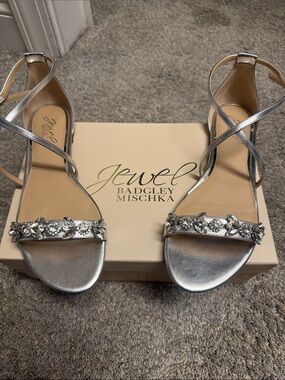 Badgley Mischka Silver Crystal-Strap Open-Toe Heels